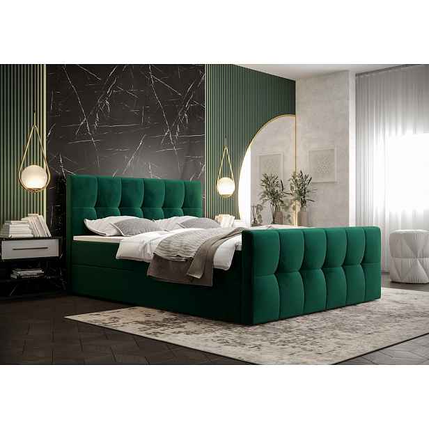 Boxspringová postel s úložným prostorem ELIONE - 200x200, zelená