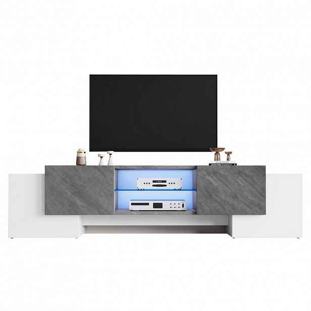 Modfu TV stolek z MDF 180x40x46,5 cm bílá/šedá s LED osvětlením, úložným prostorem a nastavitelnou skleněnou policí