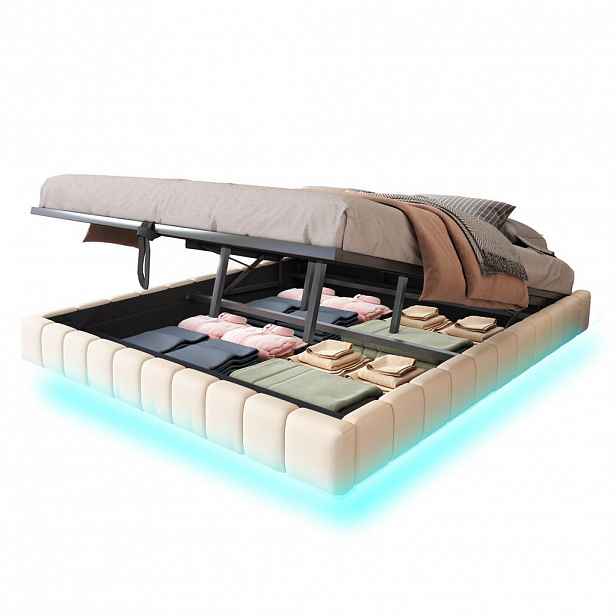 OKWISH ČALOUNĚNÁ postel 180/200 cm béžová z látky s LED osvětlením a úložným prostorem