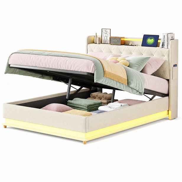 CHICFURN ČALOUNĚNÁ POSTEL 140/200 cm v béžové barvě s LED, USB a úložným prostorem