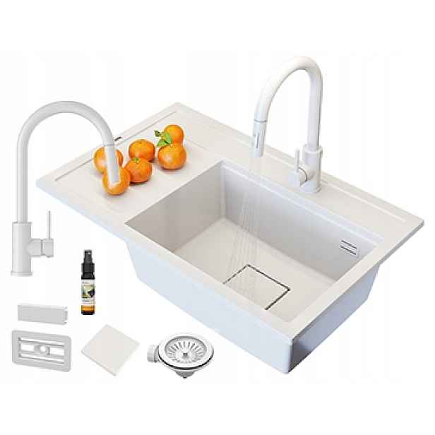 Dřez Granitová Bílá Kuchyňská Baterie Moderní Rendo Set Pravá Komora