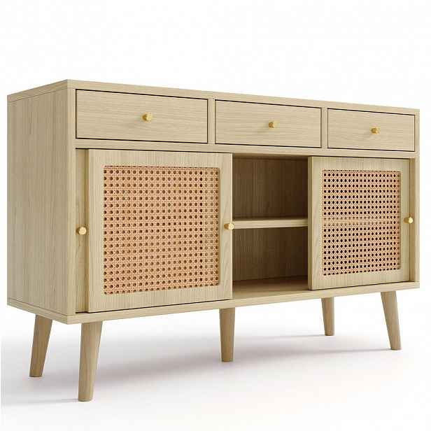 Modfu KOMODA z MDF 120x40x78 cm dubová se 3 zásuvkami, 3 posuvnými dvířky a nastavitelnými policemi