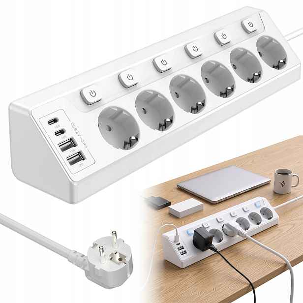 Prodlužovací Kabel Zásuvková Lišta Nabíječka 4x Usb 6 Zásuvek 2 m Usb Usb-c Bílá