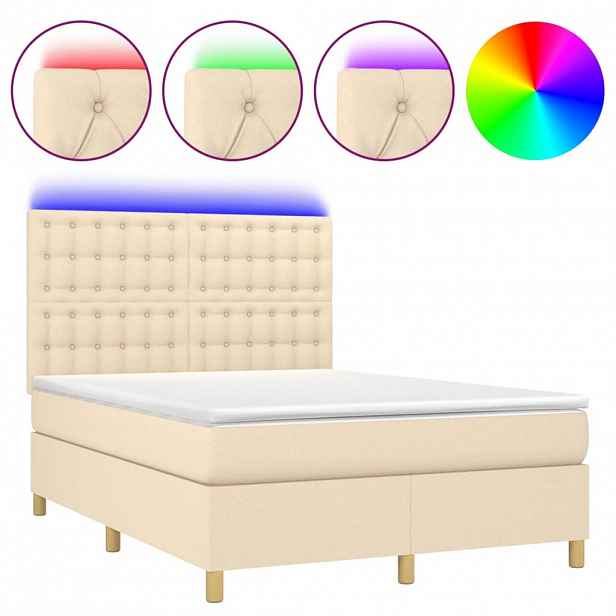vidaXL Box spring postel s matrací a LED krémová 140x200 cm textil