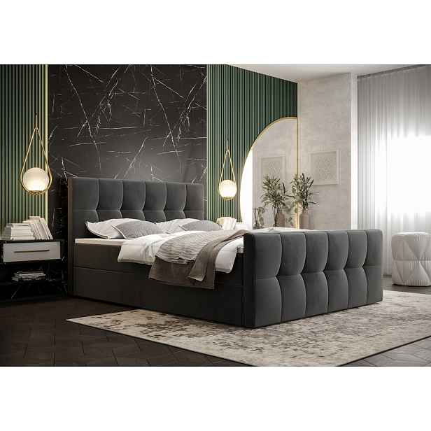Boxspringová postel s úložným prostorem ELIONE - 200x200, popelavá