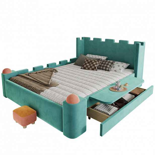 CHICFURN DĚTSKÁ ČALOUNĚNÁ POSTEL 140/200 cm v modrozelené barvě se zásuvkou a sklopnou policí