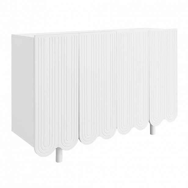 Modfu KOMODA z MDF 120x80,8x37,5 cm bílá se 4 dvířky, tlumenými panty a reliéfem ve tvaru kapky