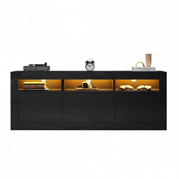 Modfu TV stolek z dřevotřísky 160x35x60 cm černý s LED osvětlením, 2 dvířky, 2 zásuvkami a 3 otevřenými přihrádkami