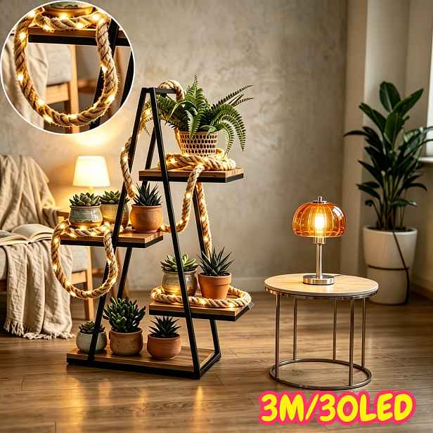 TEMU Extra dlouhé 300 cm (118,10 palce) DIY světelné řetězce z konopného lana, teplá barva, na baterie (bez napájecího kabelu, baterie nejsou