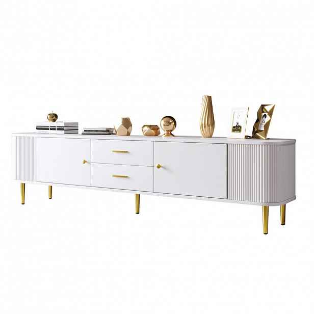 Modfu TV stolek z MDF 170x34x45 cm bílý se 2 zásuvkami a 2 dvířky, se zaoblenými hranami