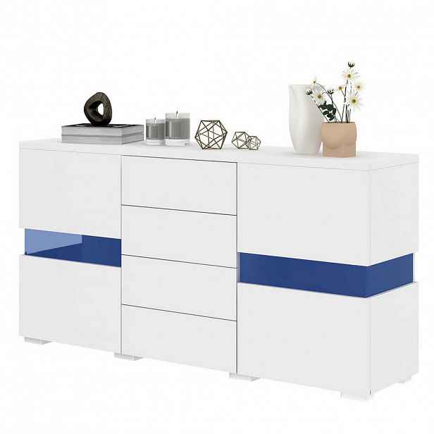 Modfu PŘÍBORNÍK z MDF 140x35x72 cm bílý s LED osvětlením, 4 zásuvkami a 2 akrylovými dvířky ve vysokém lesku