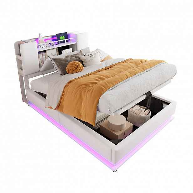 OKWISH DĚTSKÁ čalouněná postel 90/200 cm béžová z MDF a kovu s LED, USB a úložným prostorem