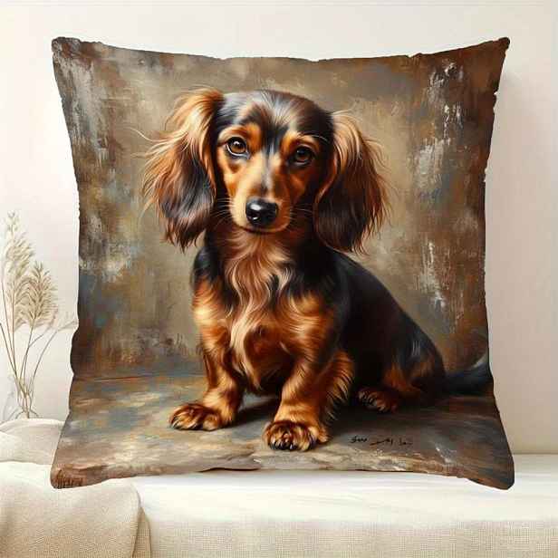 TEMU Povlak na polštář s olejomalbou dlouhosrstého dachshund - Vintage umělecký styl, krátký plyšový dekorativní povlak na polštář o rozměrech 17,7
