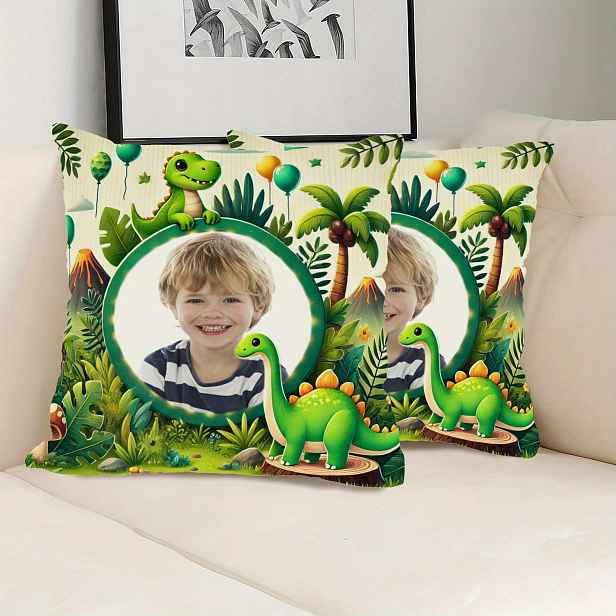 TEMU Vlastní povlaky na polštáře s fotografií dinosaura a personalizovaným vložením obrázku, s moderním džunglovým designem se zelenými a modrou