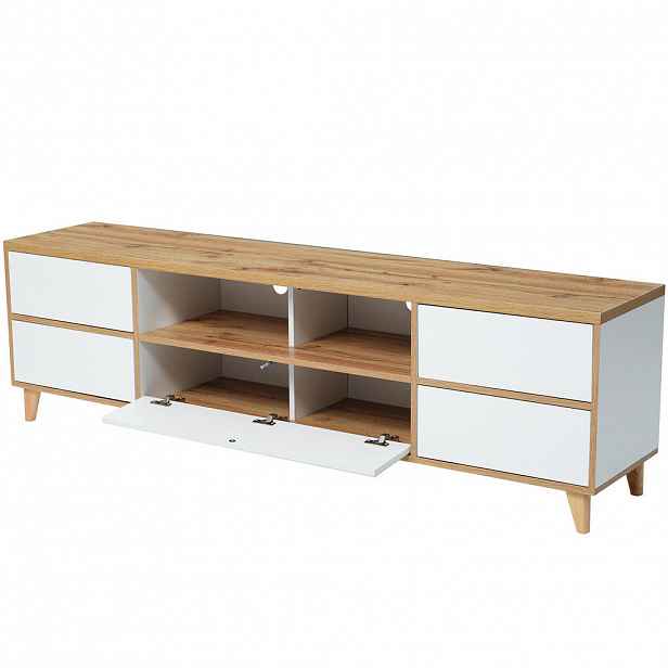 Modfu TV stolek z MDF 175x37x51 cm bílý a v dekoru dřeva se 4 dvířky a úložnými přihrádkami
