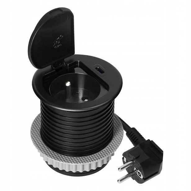 Nábytková zásuvka Ø6 cm, 1,9 m, 1x2P+Z (French), 1xUSB (typ C; PD20W), černá