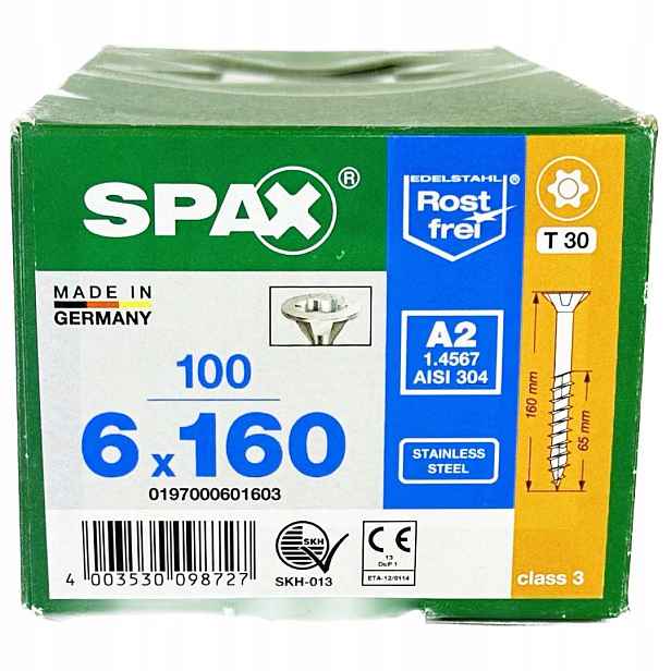 Nerezové vruty 6x160 mm, vruty do dřeva 100 ks, Ocel A2 Spax