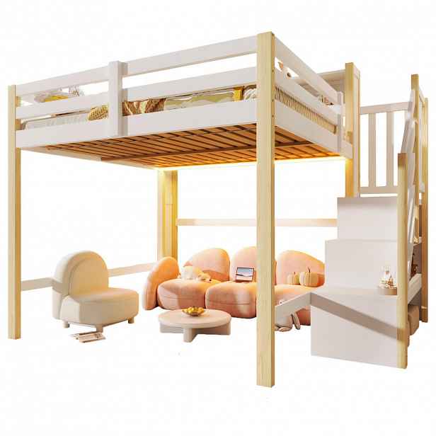 CHICFURN VYVÝŠENÁ POSTEL 140/200 cm v bílé a přírodní barvě s LED a úložnými schody