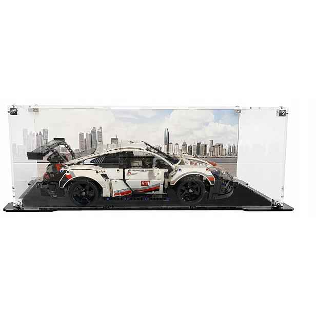 Vitrína s černou základnou a pozadím pro sadu Lego 42096 Technic Porsche 911