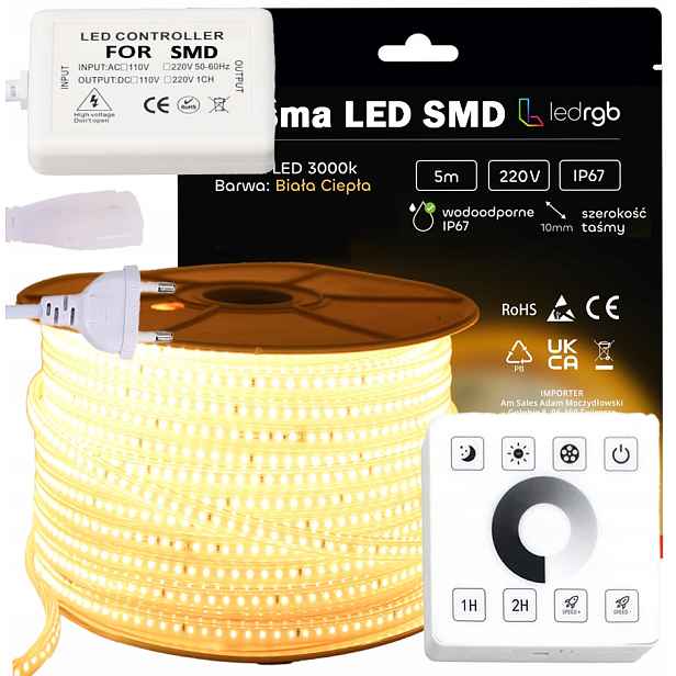 Set Led pásek Smd 230V 5m 3000K Bílý Teplý Stmívač Dálkový Ovladač Rf IP67