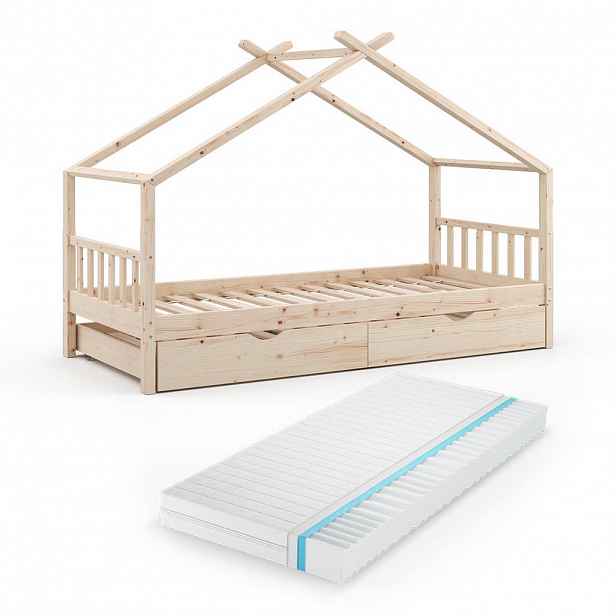 VitaliSpa DOMEČKOVÁ POSTEL Design Přírodní dřevo 90x200 cm s lůžkem pro hosty a matrací