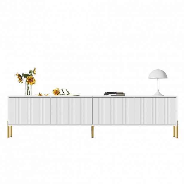Modfu TV stolek z MDF a dřevotřísky 190x38x48 cm bílý se 4 dvířky, 8 policemi a tlumenými panty, s drážkovaným designem