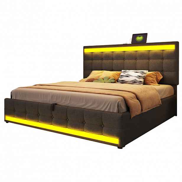 OKWISH ČALOUNĚNÁ postel 180/200 cm šedá z lněné tkaniny s LED osvětlením a USB
