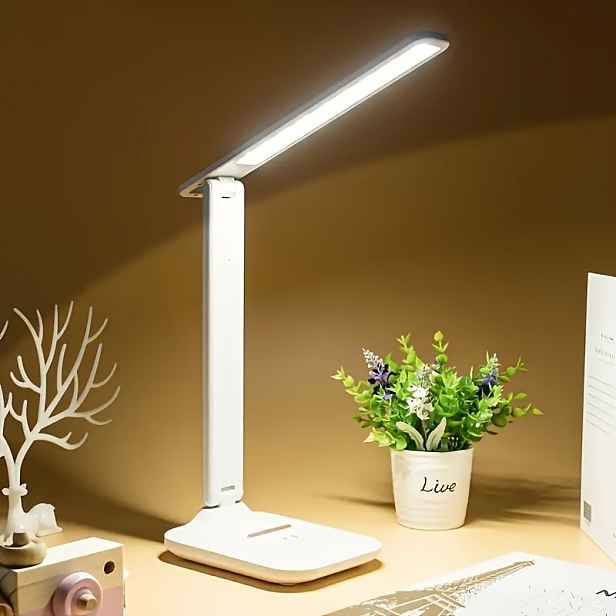 TEMU Skládací LED stolní lampa s ochranou očí, 2x napájením (baterie/USB), nastavitelný jas, bílá řada – ideálna pro studenty a čtení v ložnici;