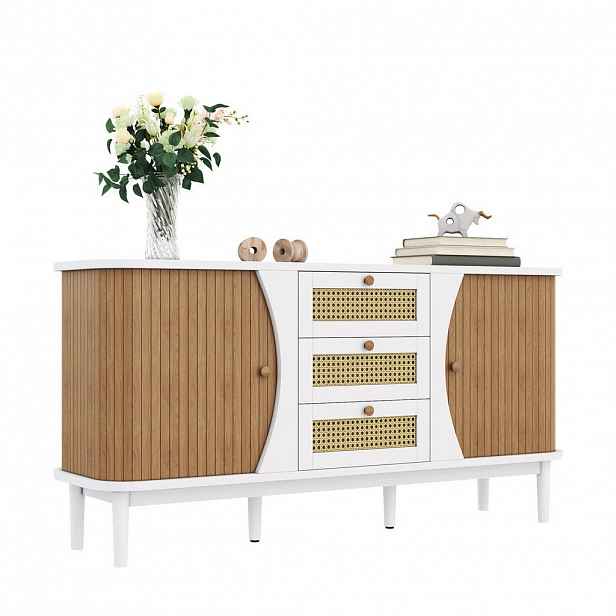 Modfu KOMODA z MDF a dřevotřísky 140,5x76x40 cm bílá a v dekoru dřeva s ratanovými zásuvkami a nastavitelnými policemi