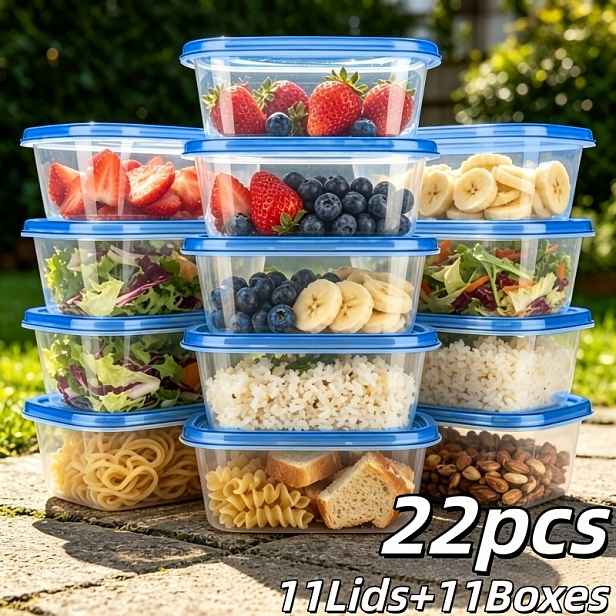 TEMU 22dílná sada (obsahuje 11 víček a 11 krabic) velkokapacitních opakovaně použitelných modrých úložných boxů o objemu 709 ml, s víčky odolnými