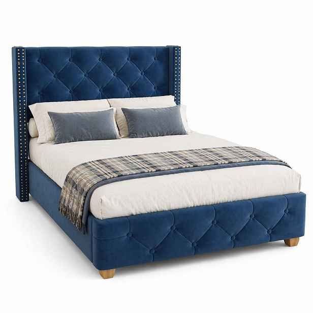 CHICFURN ČALOUNĚNÁ POSTEL 90/200 cm v modré sametové látce s knoflíkovým prošíváním a nýty