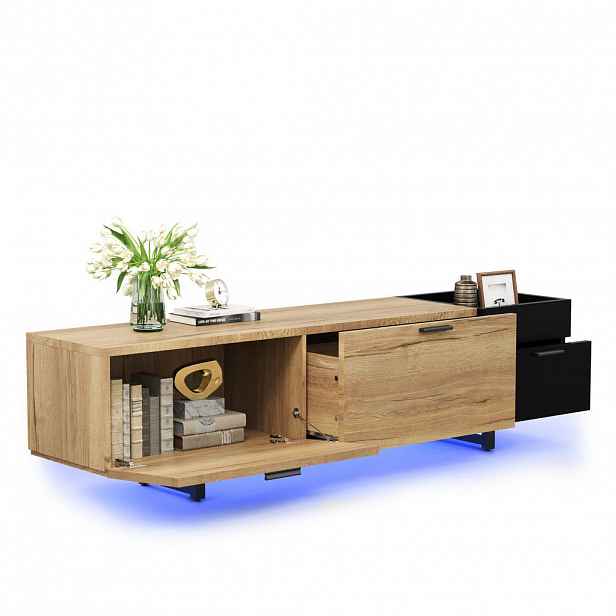Modfu TV stolek z kompozitního dřeva 180x38x49 cm černý s LED osvětlením, zásuvkami a otevřenými přihrádkami