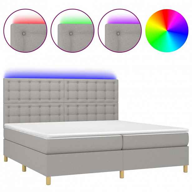 vidaXL Box spring postel s matrací a LED světle šedá 200x200 cm textil
