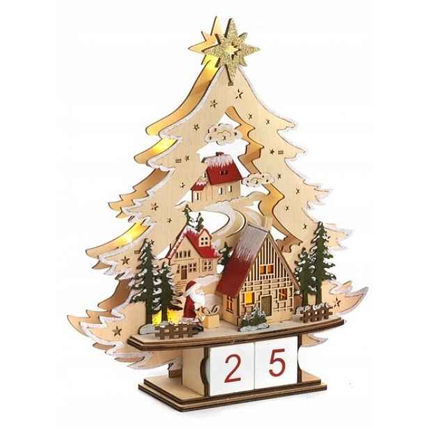 Dřevěný Vánoční Stromek s Mikulášem *osvětlený* Kalendář- Dekorace 35,5 cm