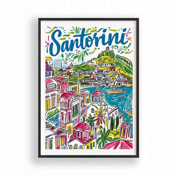 Plakát Nástěnná Dekorace s obrazem Santorini, dřevěný Rámeček černá 30x42 cm