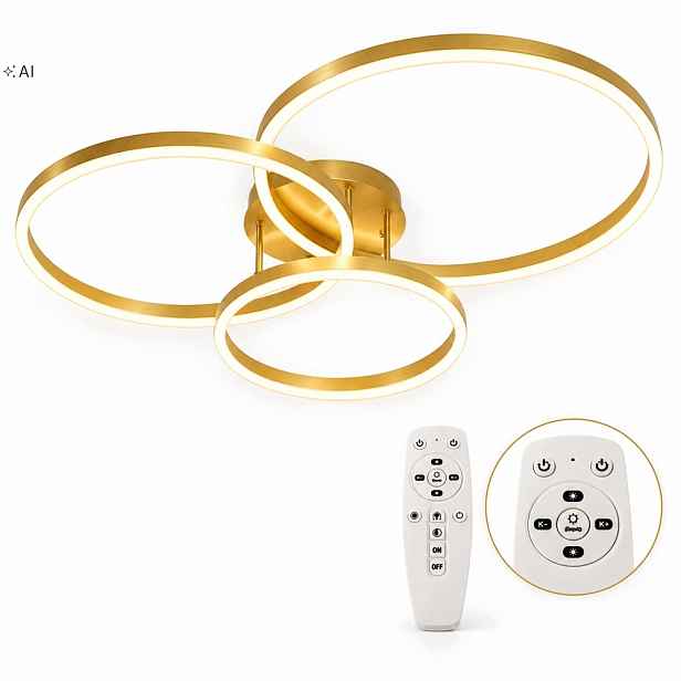 Závěsná Lampa 3 Led Kroužky, Zlatá, Stropní, 120 W, S Dálkovým Ovládáním, 82 CM
