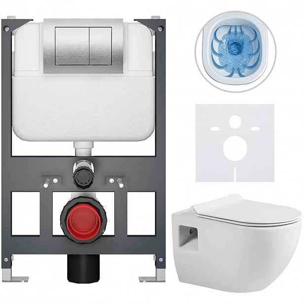 Kompletní WC set Basic/Dure - bílá lesklá - WC tlačítko Maxio/Stříbrná - závěsné - nízký modul - předstěnová instalace - 51x35 cm