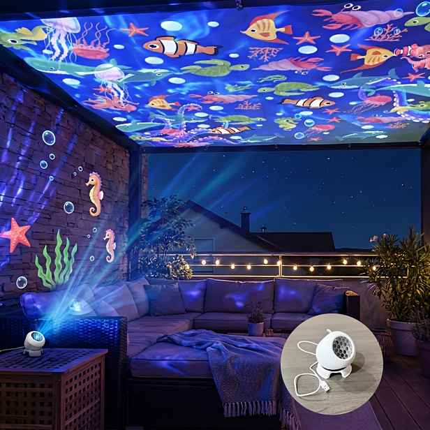 TEMU Dynamický projektor, LED oceánský projektorové světlo, reflektorová projekce, projekční lampa s mořskými zvířaty, USB napájená atmosférická
