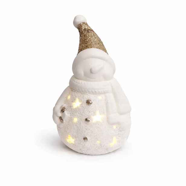 LED dekorace keramický sněhulák, 9,3 × 8,8 × 16,5 cm, teple bílá, 2× LR44