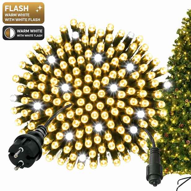 Vánoční Osvětlení Na Stromeček 1000 Led 70 M Teplé Bílé Bílý Flash IP44 Zelený Kabel