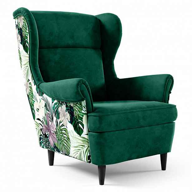 Beautysofa KŘESLO ušák Havana ve skandinávském stylu, tmavě zelená, s nohami v barvě wenge