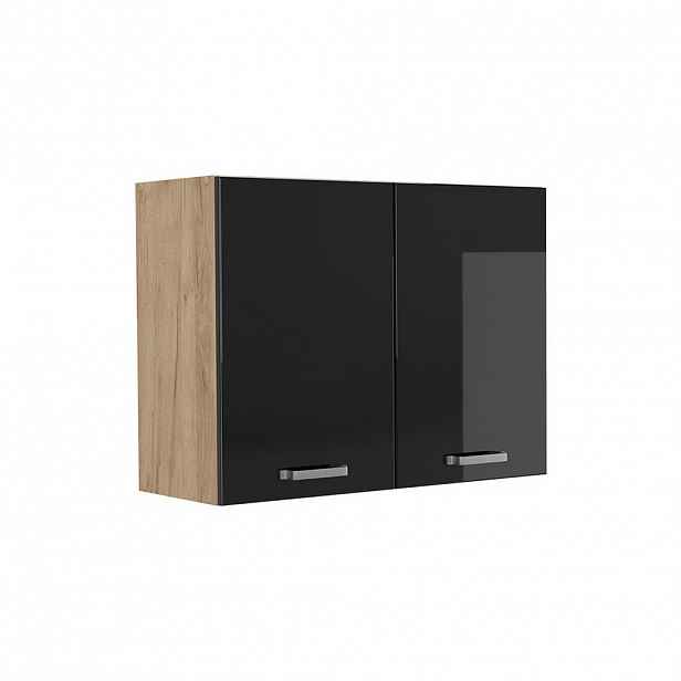 Vicco SKLENĚNÁ KUCHYŇSKÁ SKŘÍŇKA R-Line, Černý vysoký lesk/Zlatý mocný dub, 80 cm