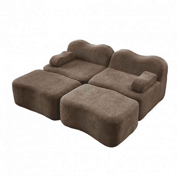 Modfu MODULÁRNÍ pohovka ze sametu 167x192x70 cm hnědá se 2 taburety, pohyblivým područkovým polštářem