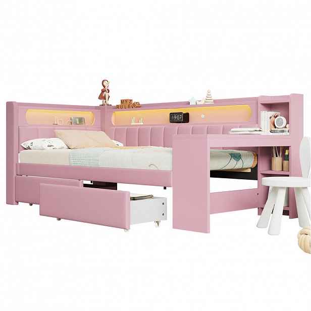 OKWISH DENNÍ postel 90/200 cm růžová z MDF a překližky s čalouněním, LED, USB a psacím stolem