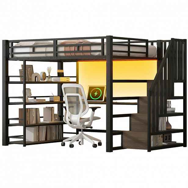 OKWISH PATROVÁ postel 140/200 cm černá z MDF a kovu s psacím stolem, regály a LED osvětlením