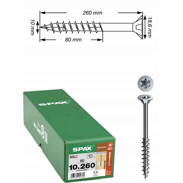 Univerzální vruty Wirox do dřeva, konstrukce Spax 10 x 260 mm 50 ks