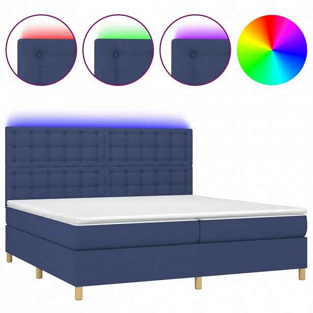 vidaXL Box spring postel s matrací a LED modrá 200x200 cm textil