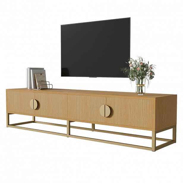 Modfu TV stolek z MDF a dřevotřísky 180x40x40 cm v dekoru dřeva se 4 dvířky, tichým dovíráním a zlatými detaily
