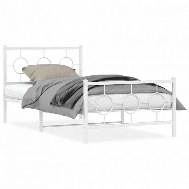 vidaXL Kovový rám postele s hlavovým a nožním čelem bílý 100 x 200 cm