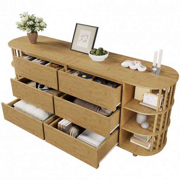 Modfu KOMODA z MDF a bambusu 160x75x40 cm dubová se 6 zásuvkami, otevřenými policemi a nastavitelnými nohami